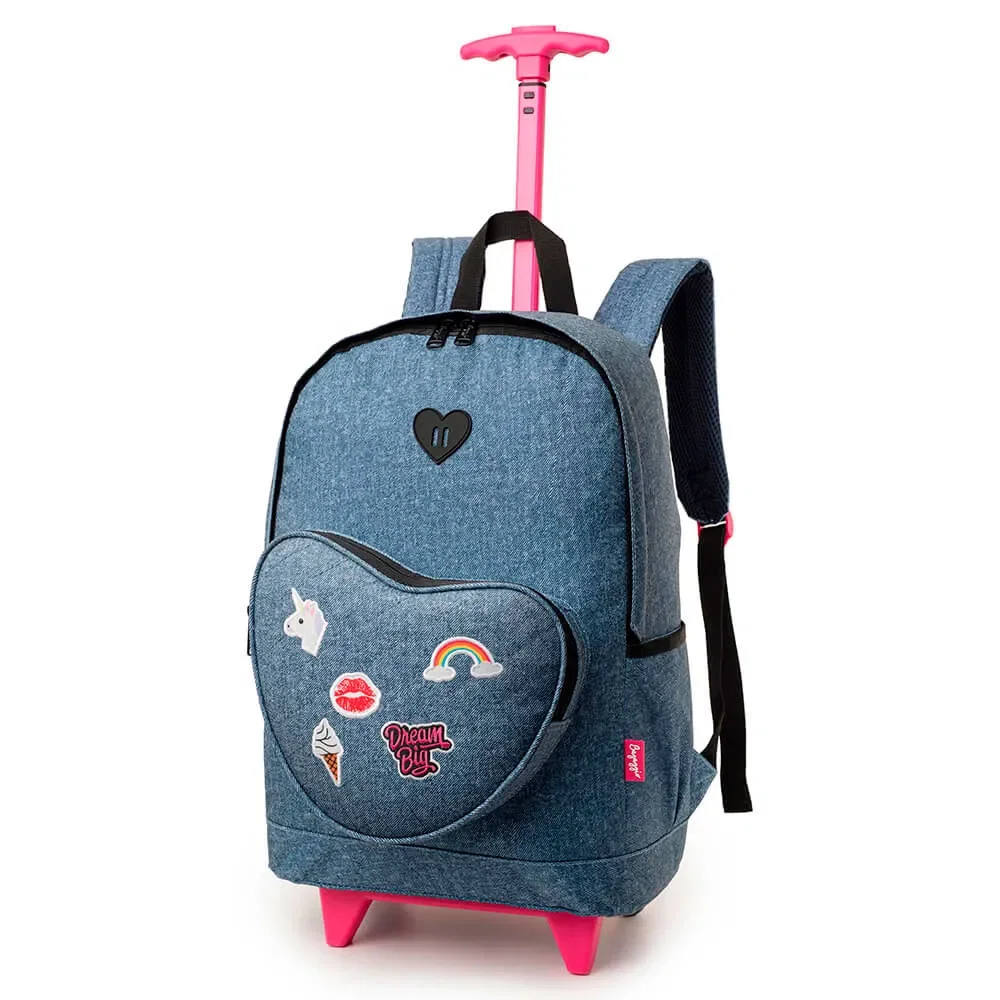 Mochila Feminina com Rodas Jeans Carinhas Azul