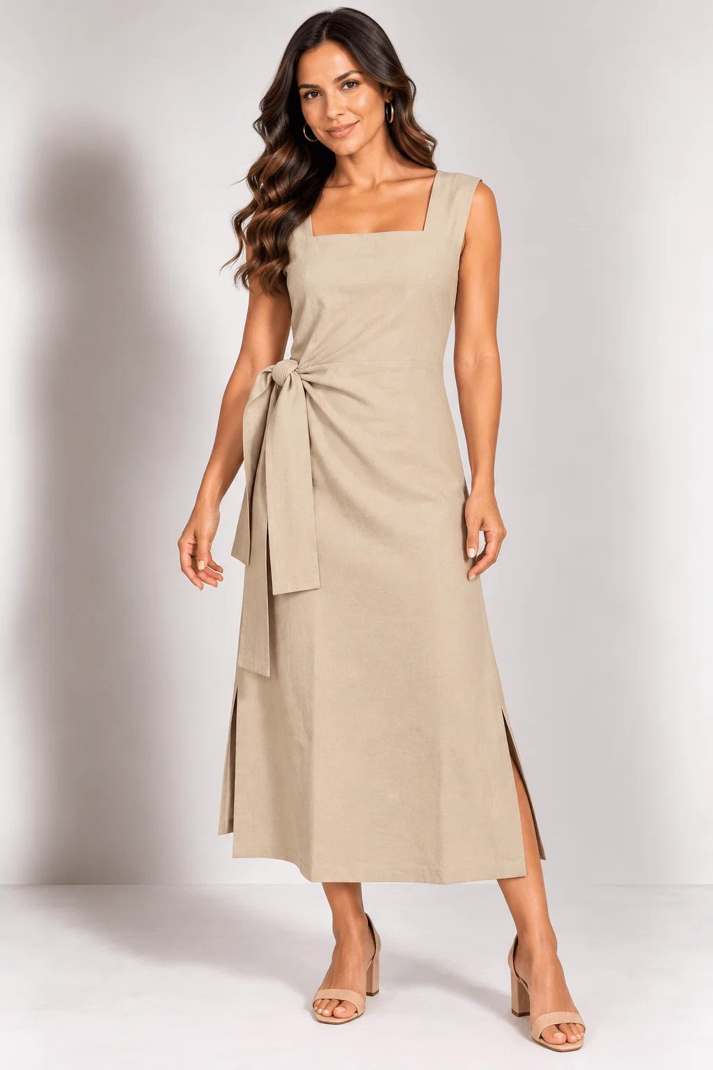Vestido Midi Com Amarração - Areia