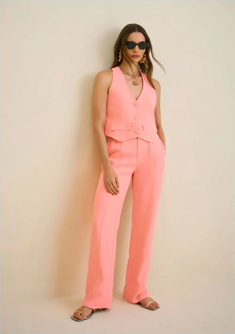 Calça Morena Rosa Reta Cós Alto Com Bolso Rosa — imagem 1