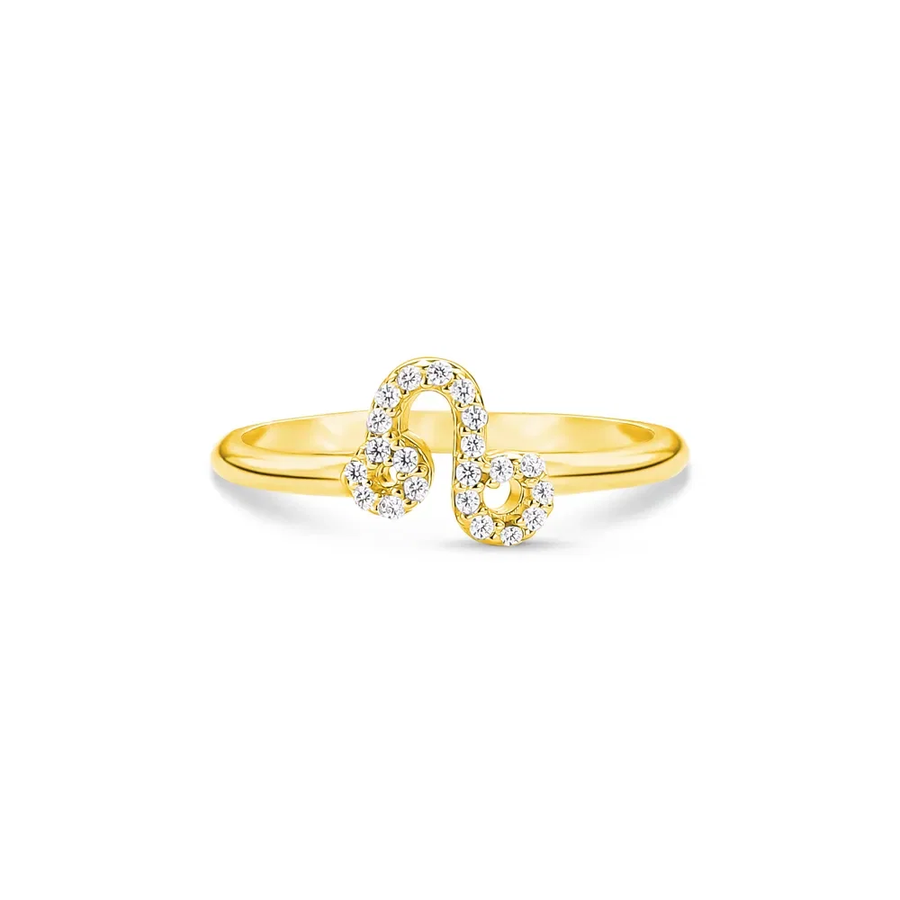 Anel Life Signo Leão em Prata 925 com Banho de Ouro Amarelo 18k e Pedras Incolores