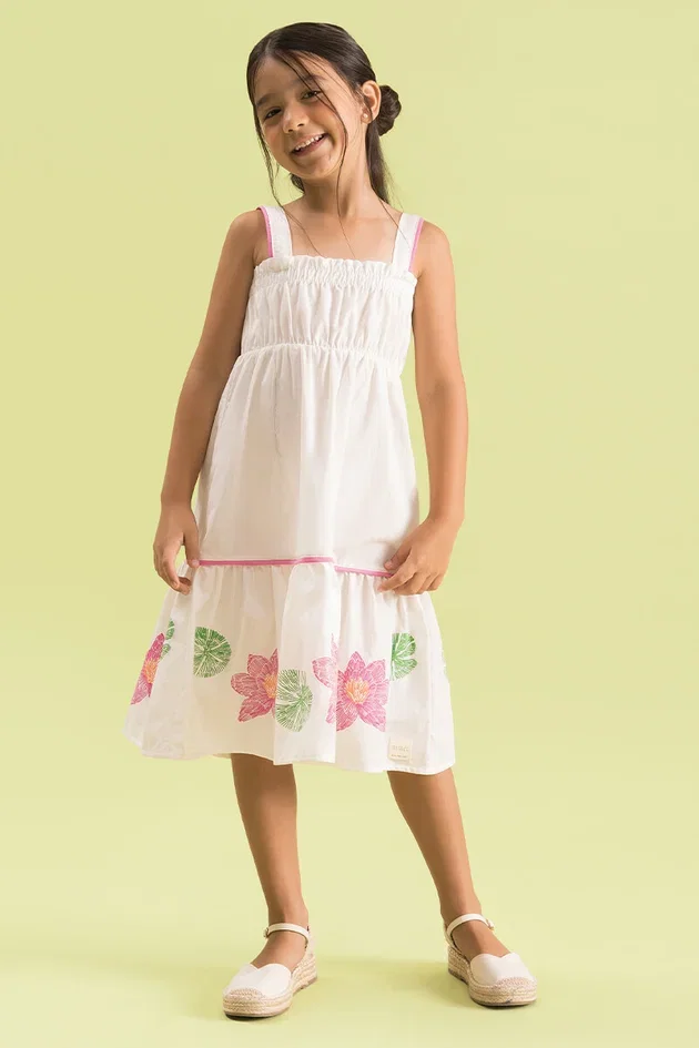 Vestido Infantil Midi em Tricoline Estampado com Detalhes em Rosa