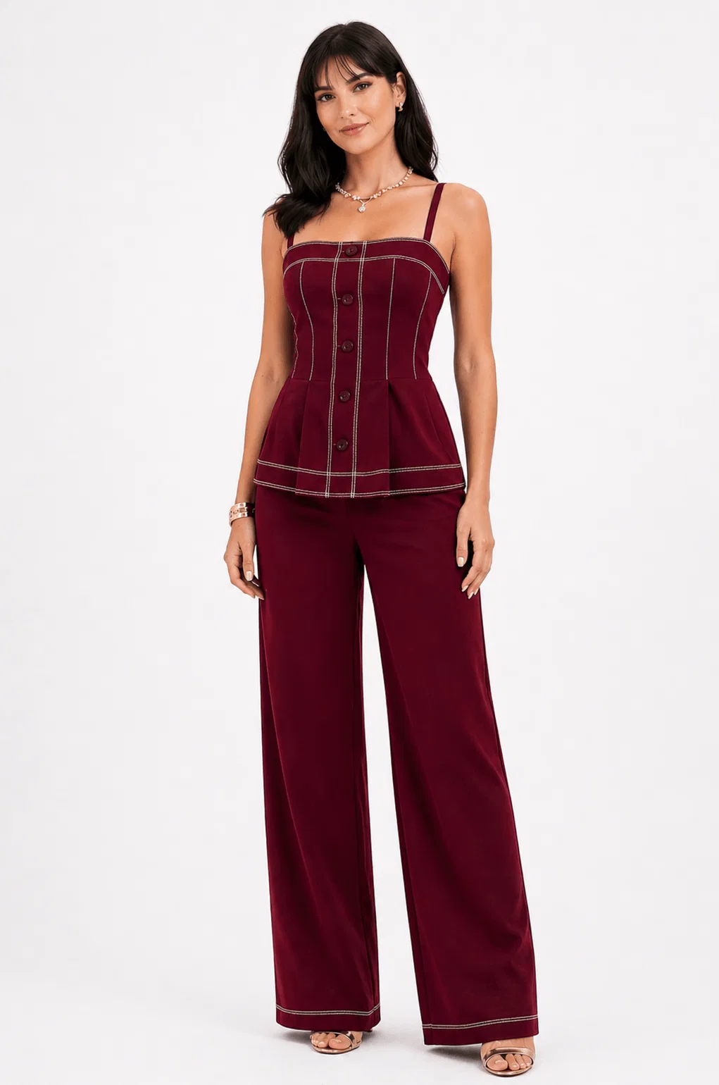 Calça Pantalona Detalhe Pesponto - Vinho — imagem 1
