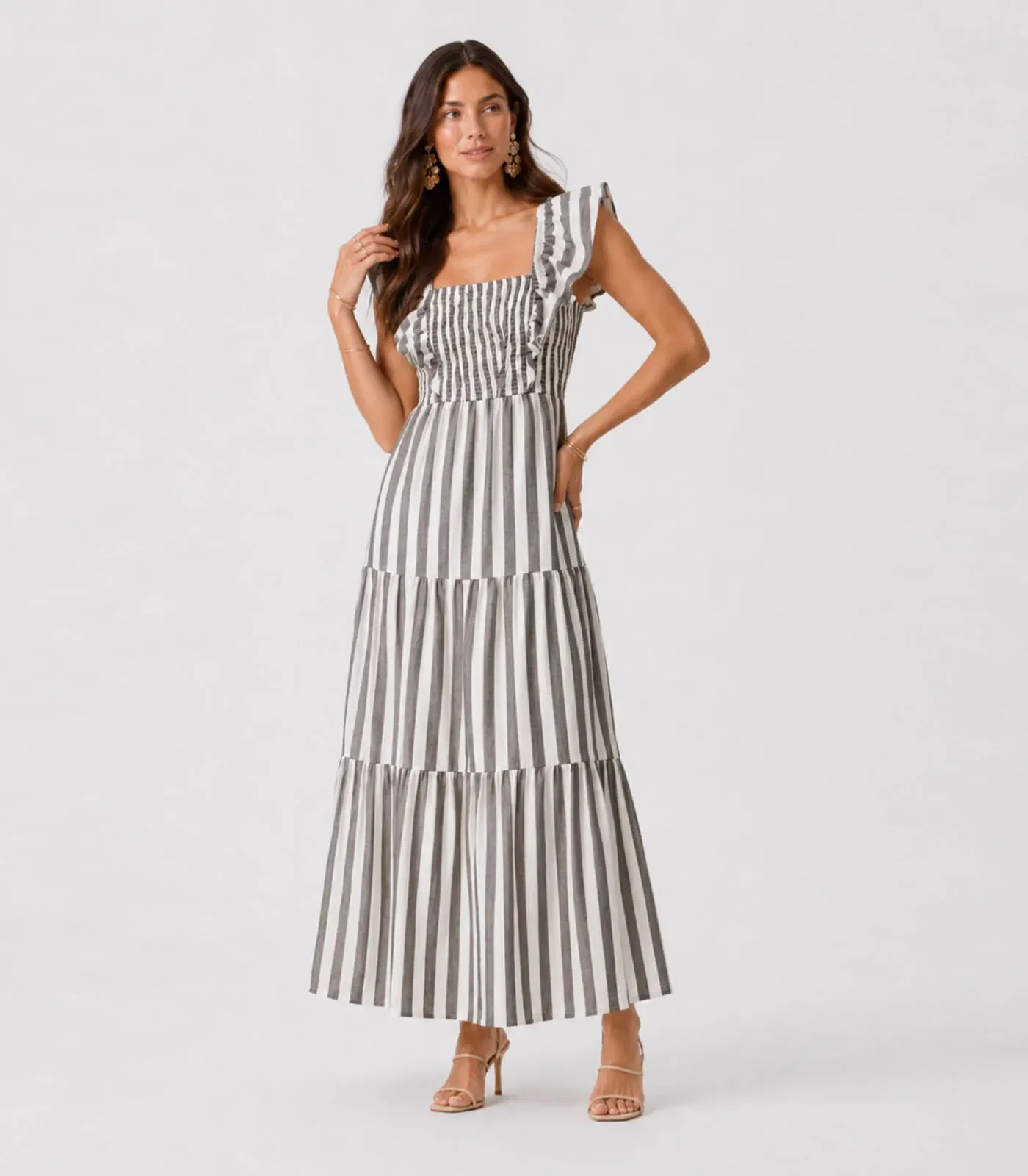 Vestido Midi Feminino Listrado Com Lastex Aishty Preto
