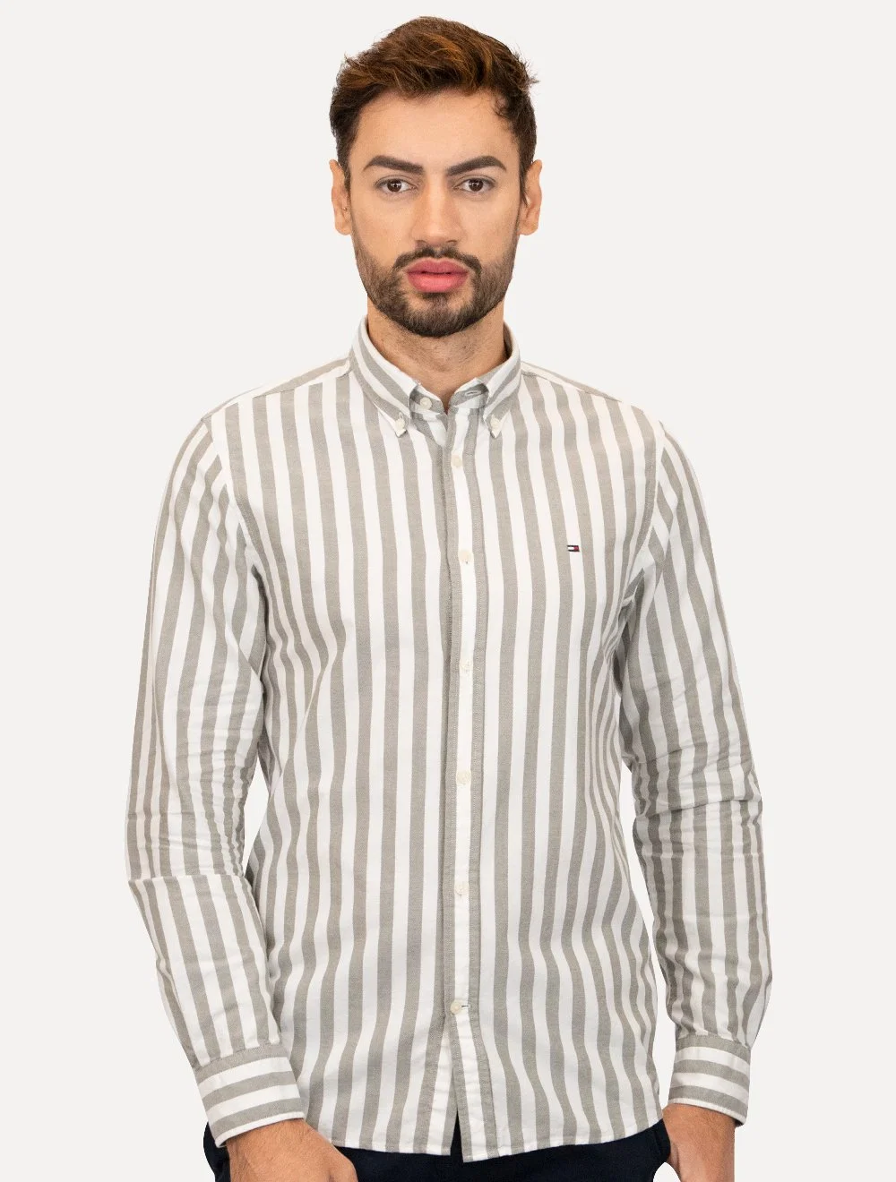 Camisa Tommy Hilfiger Masculina Oxford Slim Bold Stripe Cinza Mescla — imagem 1