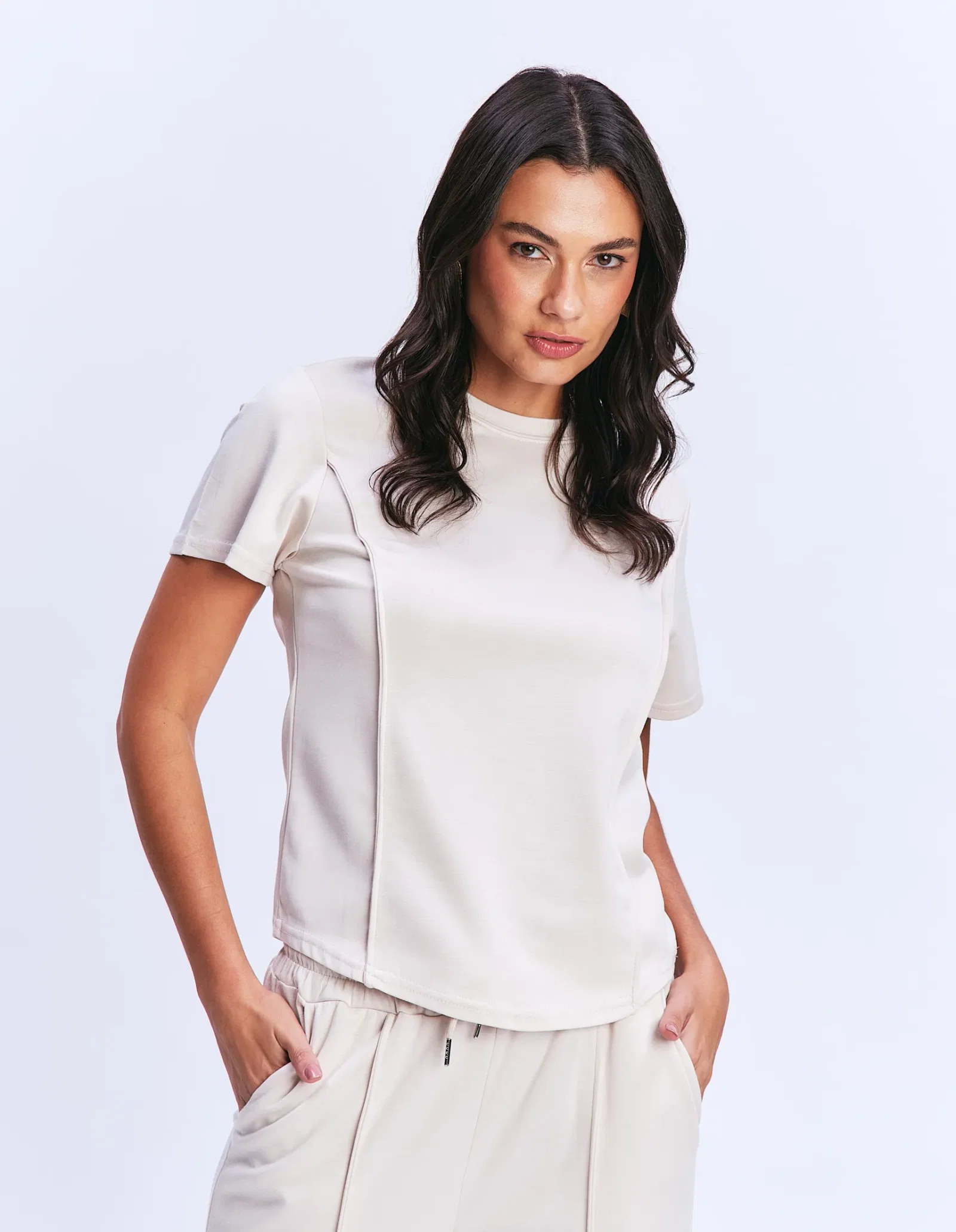 Blusa Malha Soft Touch Recortes - Areia