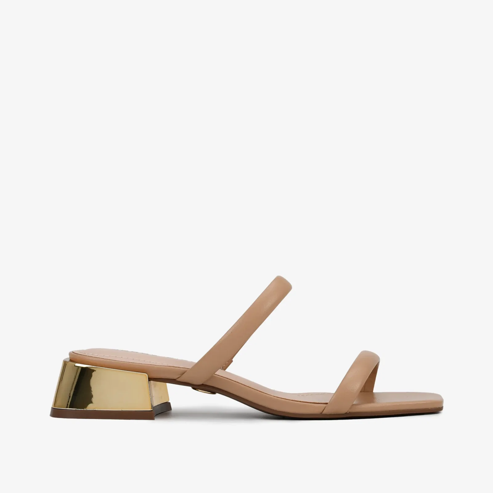 Tamanco Nude Linho Salto Bloco Baixo Metal Dourado Couro — imagem 1