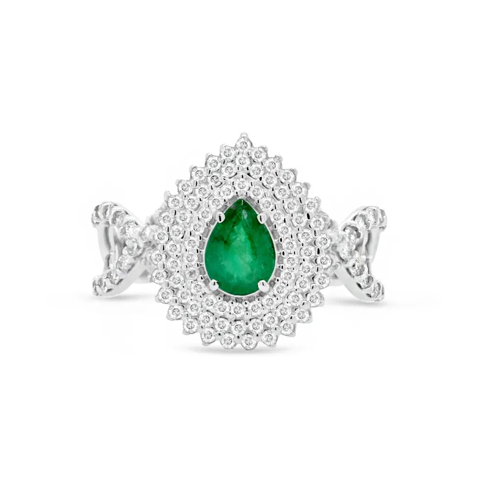 Anel Boreal em Ouro Branco 18k com Esmeralda e Diamantes