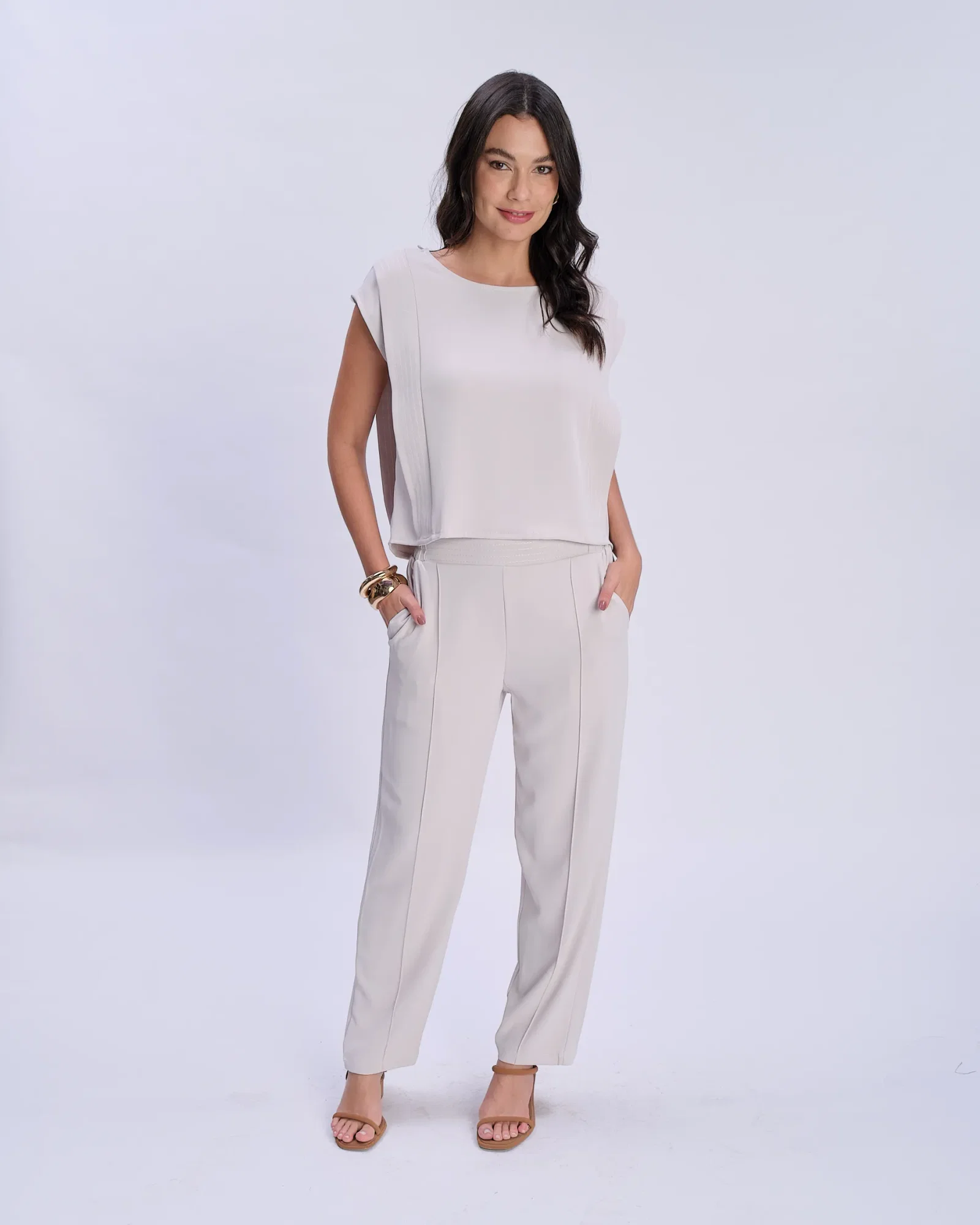 Calça Pantalona Cós Pespontos - Areia — imagem 1