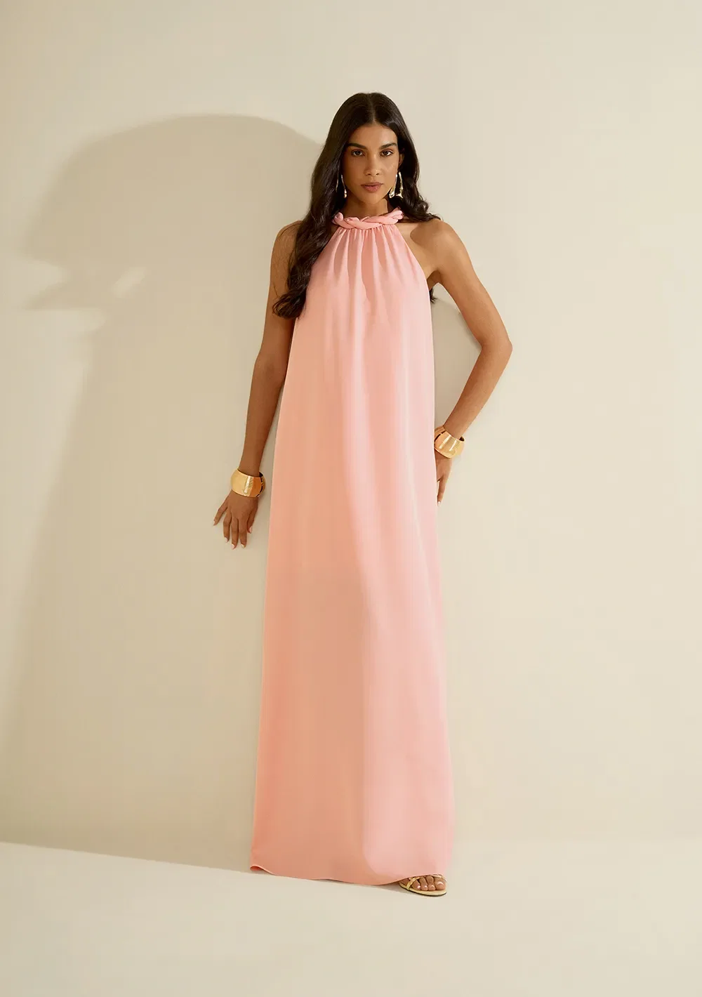 Vestido Morena Rosa Solto Cava Francesa Sem Manga Longo Rosa