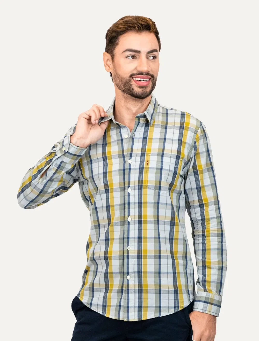 Camisa Levis Masculina Sunset One Pocket Rider Plaid Xadrez Amarelo / Azul