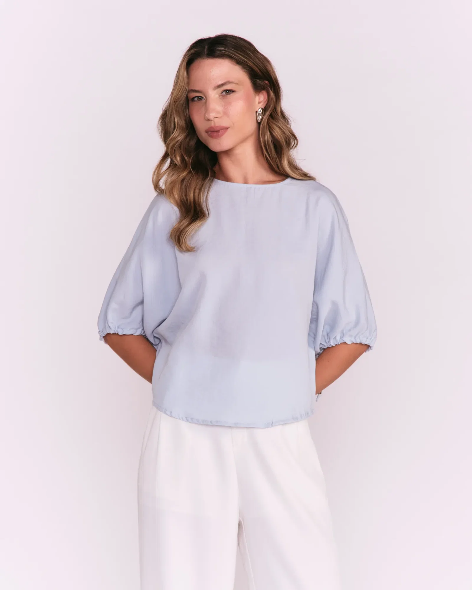 Blusa Ampla Viés Amarração Manga - Azul