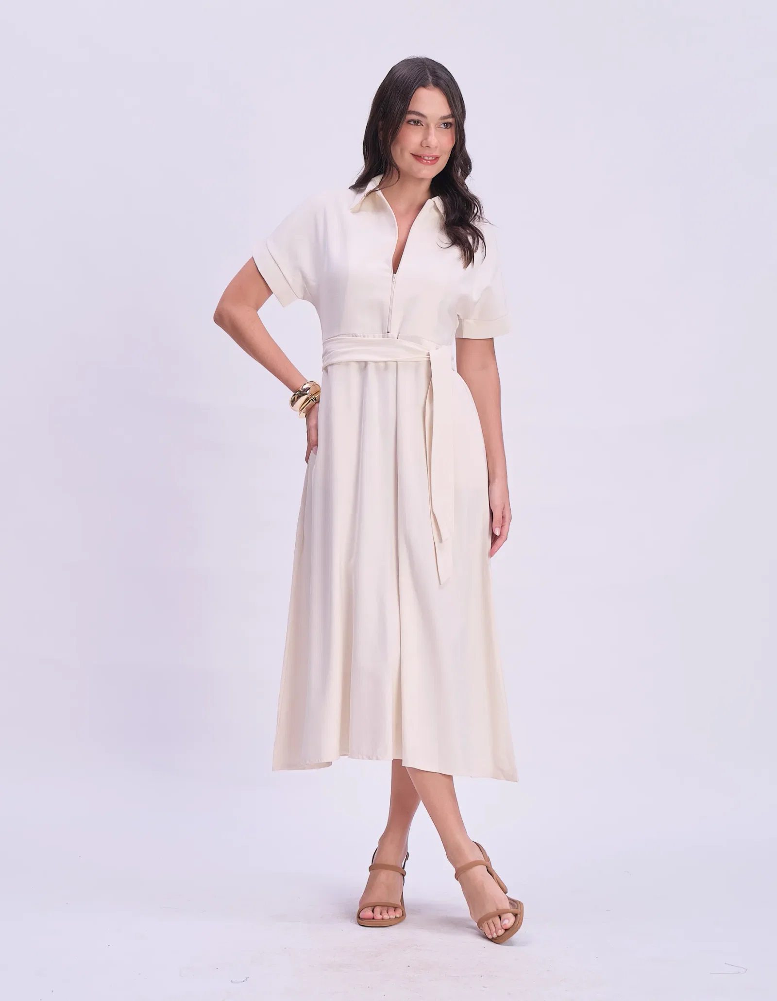 Vestido Midi Detalhe Gola - Areia
