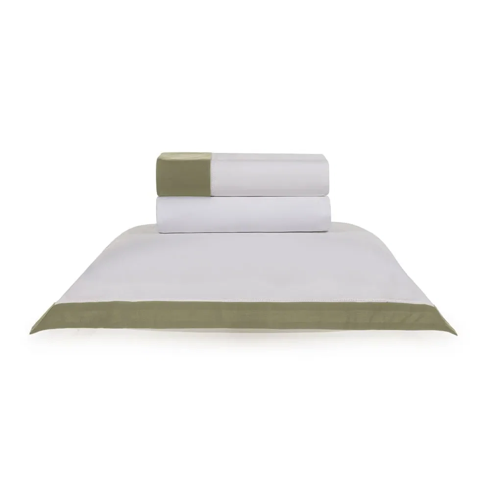 Jogo de Cama 200 Fios Percal Ferrara Branco / Oliva
