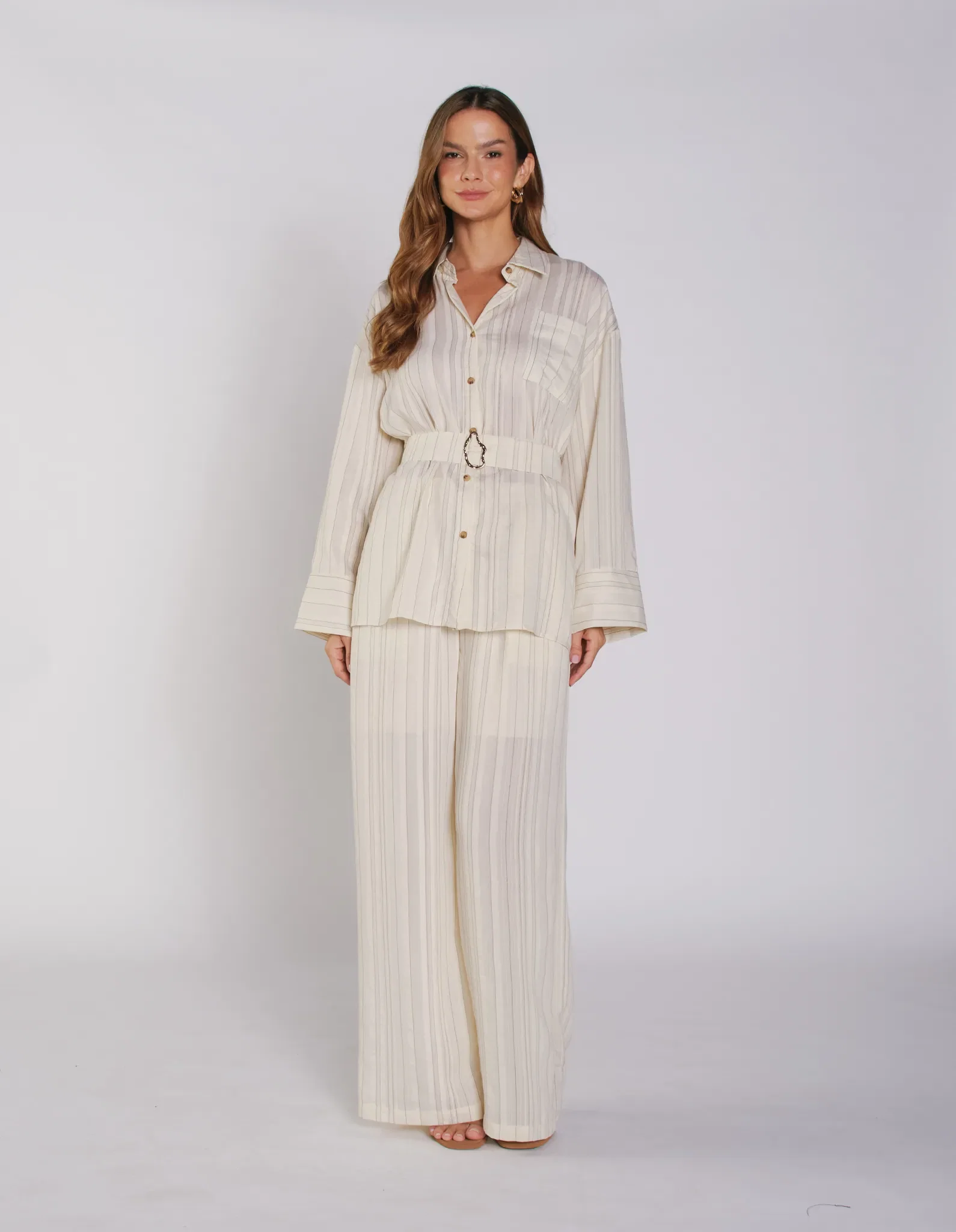 Calça Pantalona Listrada - Bege