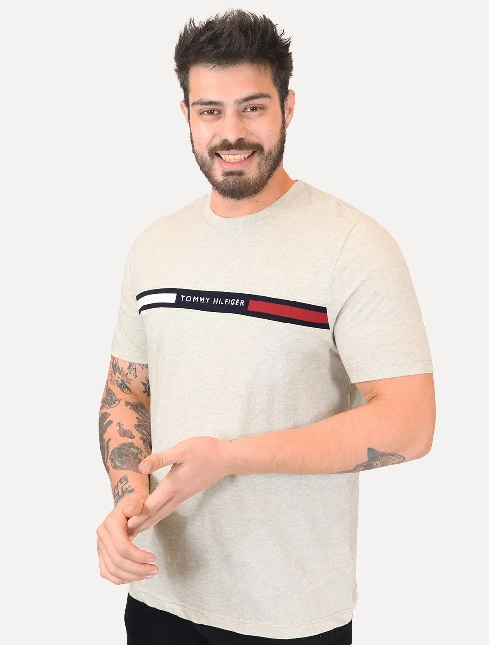 Camiseta Tommy Hilfiger Masculina Chest Insert Logo Areia Mescla — imagem 1