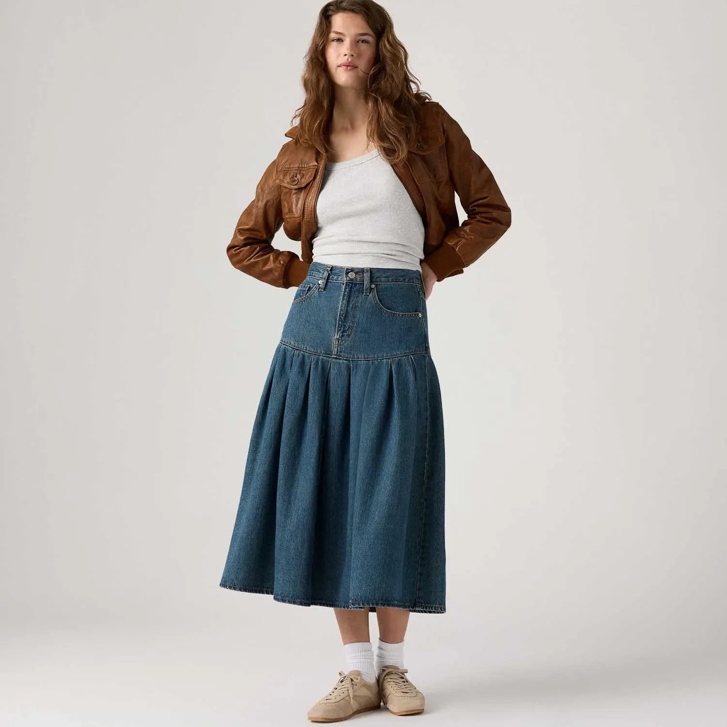 Saia Jeans Levi's® Yoked Pleated Mid Lavagem Escura