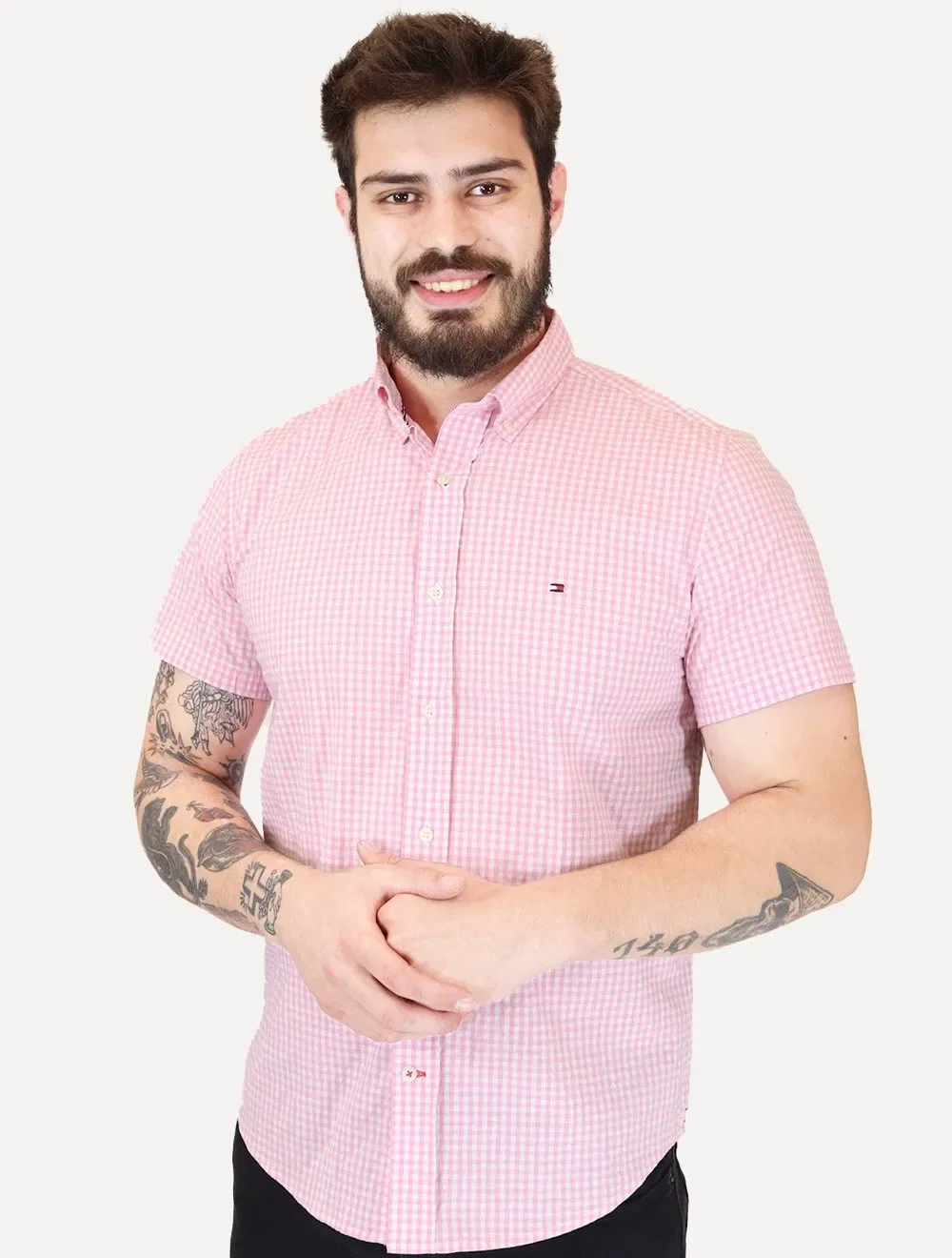 Camisa Tommy Hilfiger Masculina Manga Curta Xadrez Gingham Branca / Rosa — imagem 1