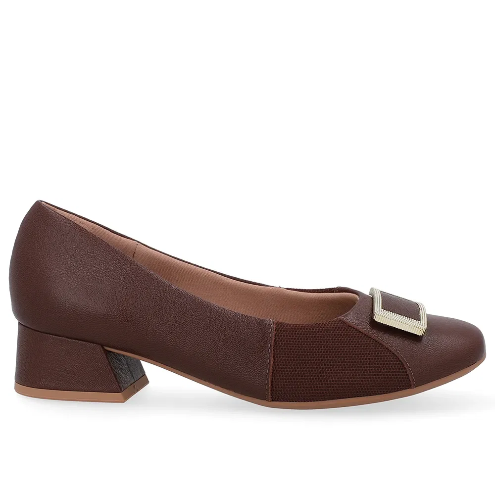 Scarpin Marrom Salto Bloco Couro Lateral Tecido — imagem 1