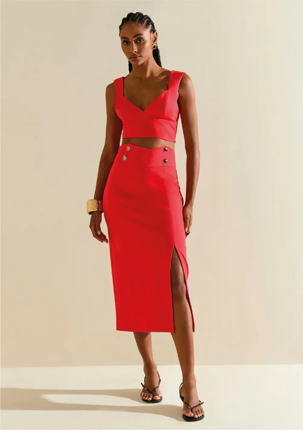 Saia Morena Rosa Reta Alta Midi Vermelho — imagem 1