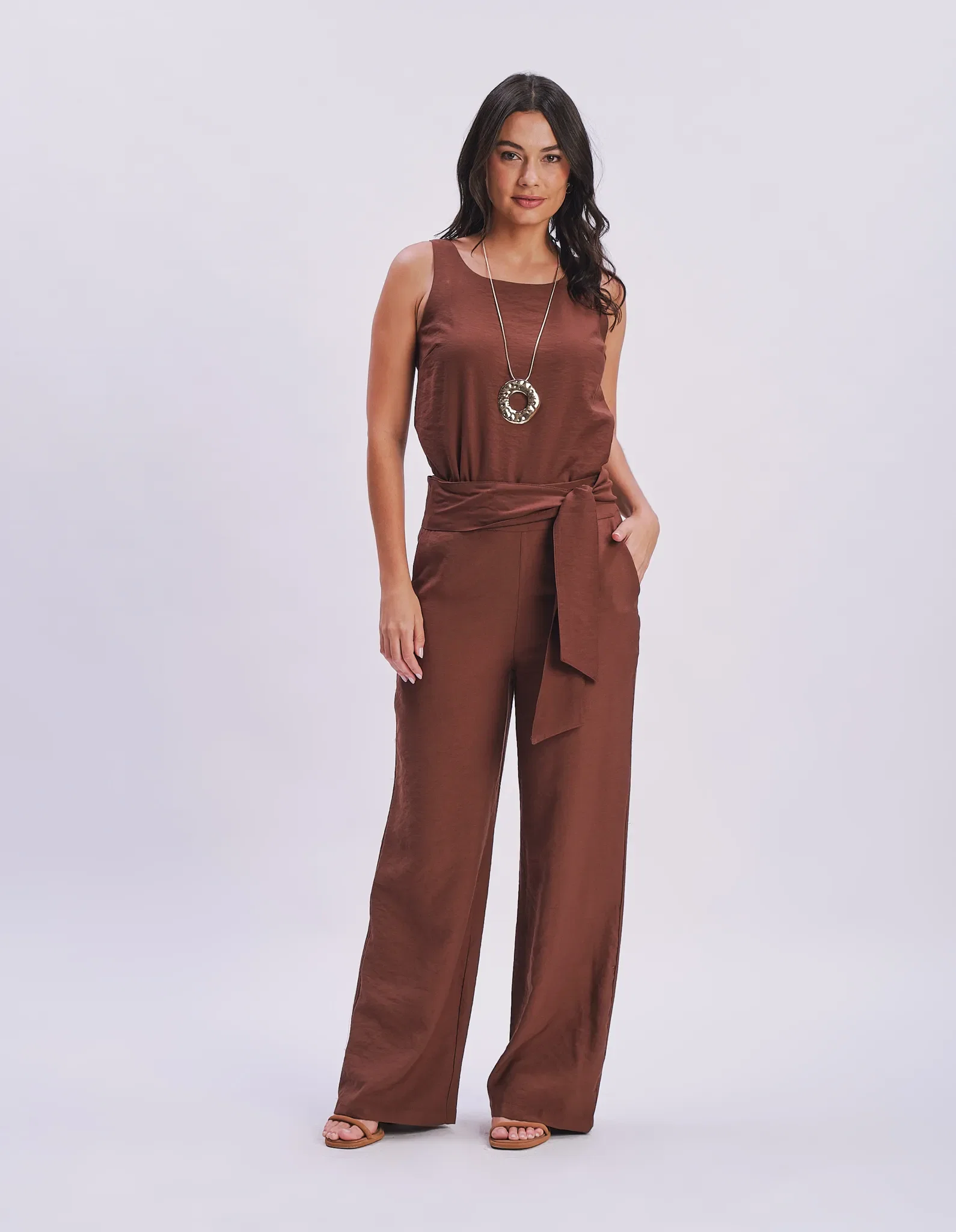 Calça Pantalona Com Faixa - Marrom