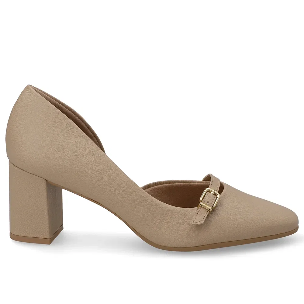 Scarpin Bege Bico Redondo Couro Tira Enfeite — imagem 1
