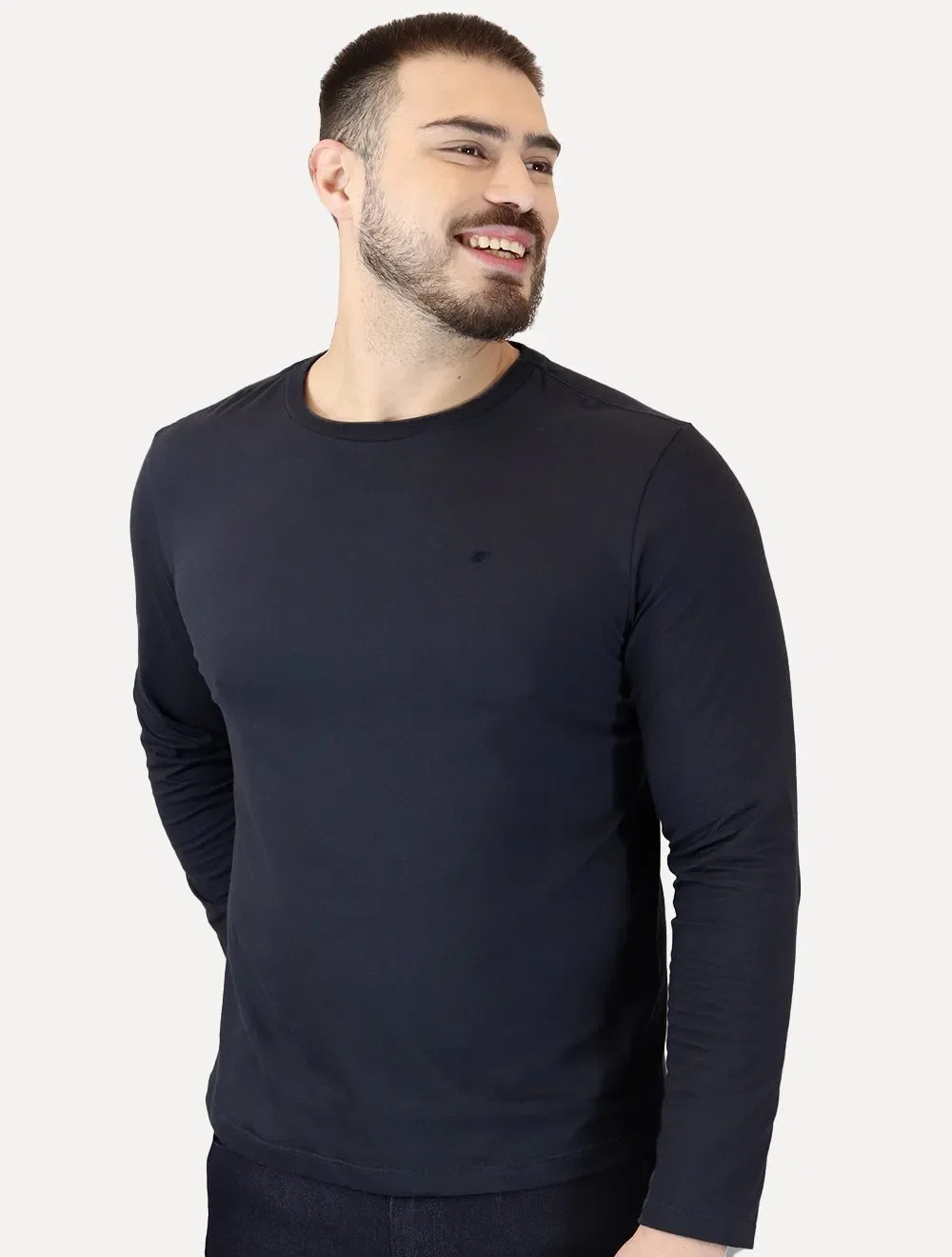Camiseta Ellus Masculina Manga Longa Cotton Fine Classic Logo Azul Marinho