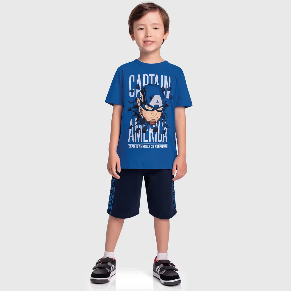 Conjunto camiseta avengers e bermuda em moletinho