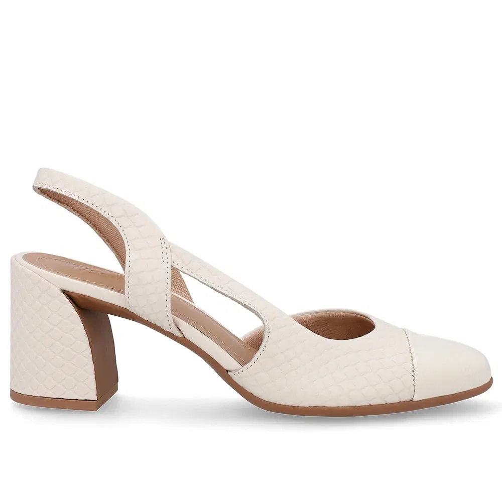 Slingback Branco Marfim Bico Redondo Recorte Lateral