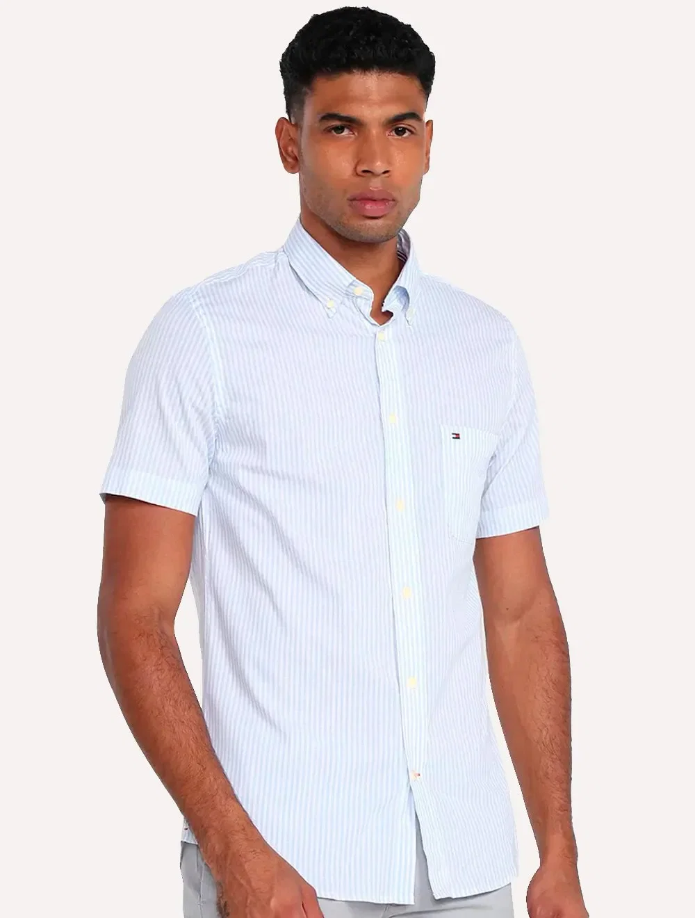 Camisa Tommy Hilfiger Masculina Manga Curta Regular Listrada Oxford Azul Claro