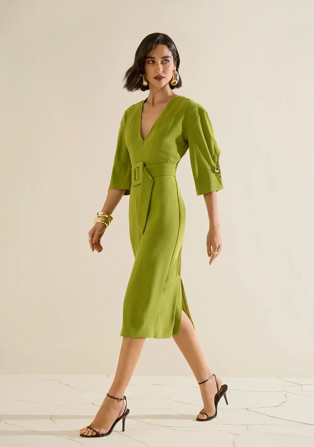 Vestido Morena Rosa Ajustado Decote V Manga Longa Midi Verde