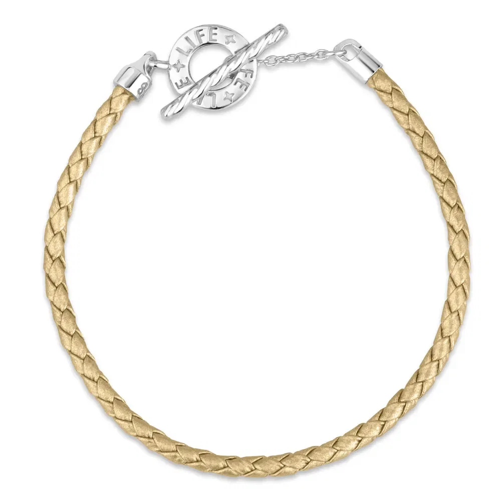Pulseira Life em Couro Dourado com Prata 925 — imagem 1
