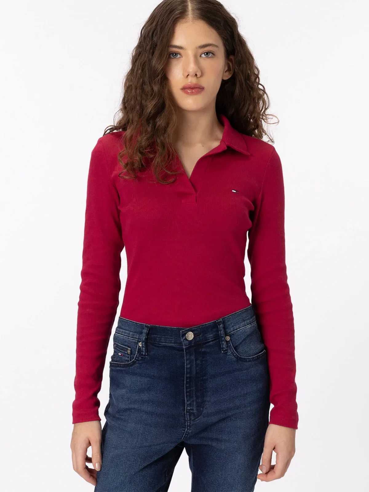 Camisa Polo de Manga Comprida Canelada com Corte Justo — imagem 1