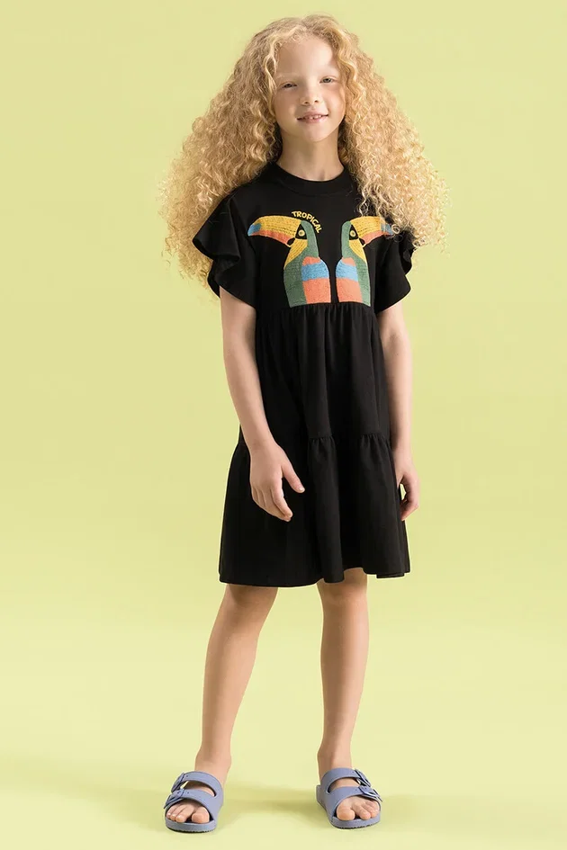Vestido Infantil em Malha de Algodão Modelo Marias com Estampa Frontal
