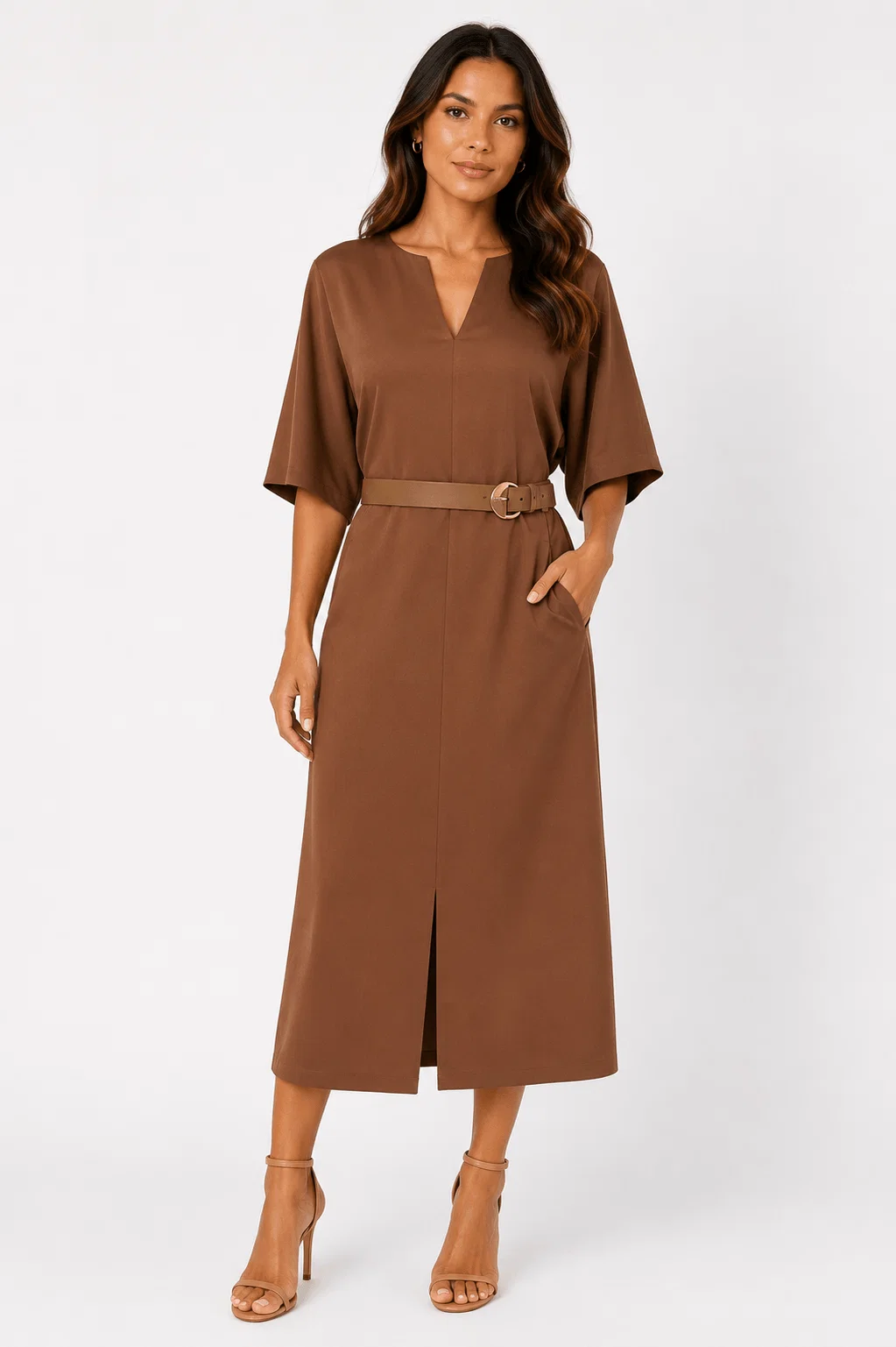 Vestido Decote v Com Cinto - Marrom