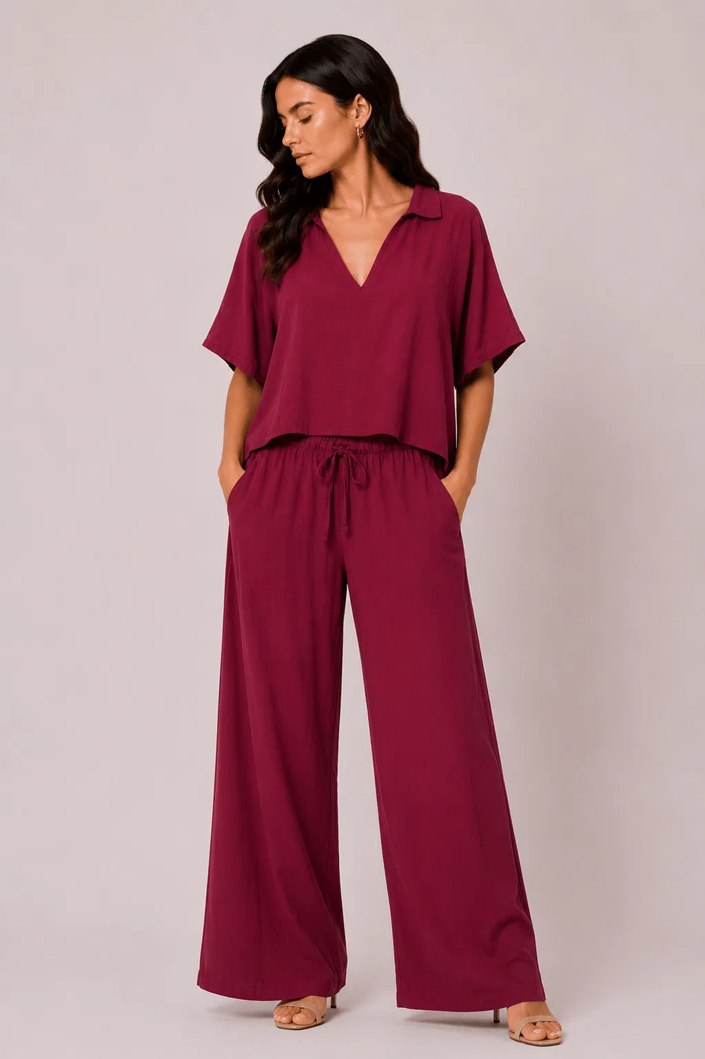 Calça Pantalona Cós Elástico - Vinho