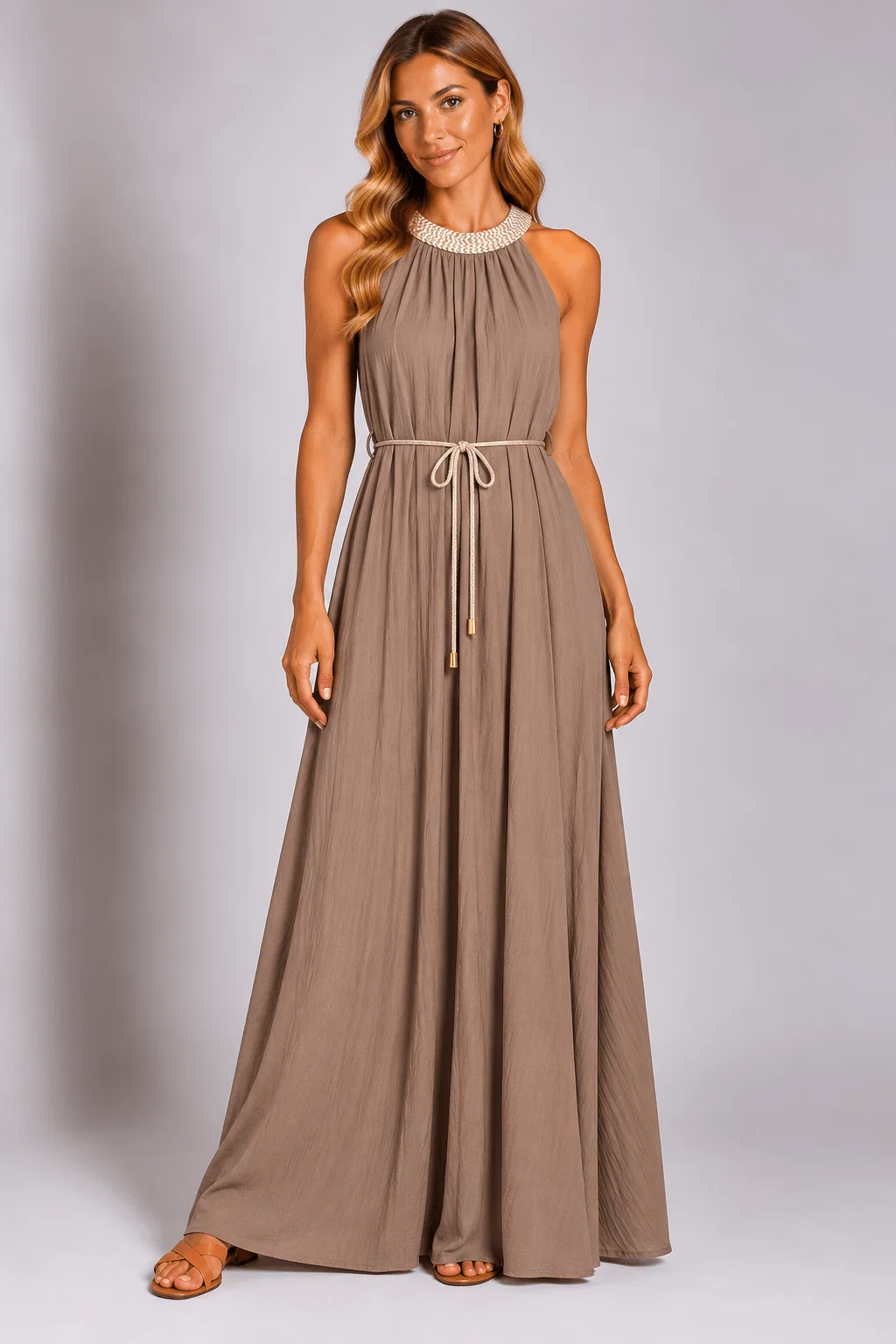 Vestido Detalhe Decote Bordado Com Cinto - Bege