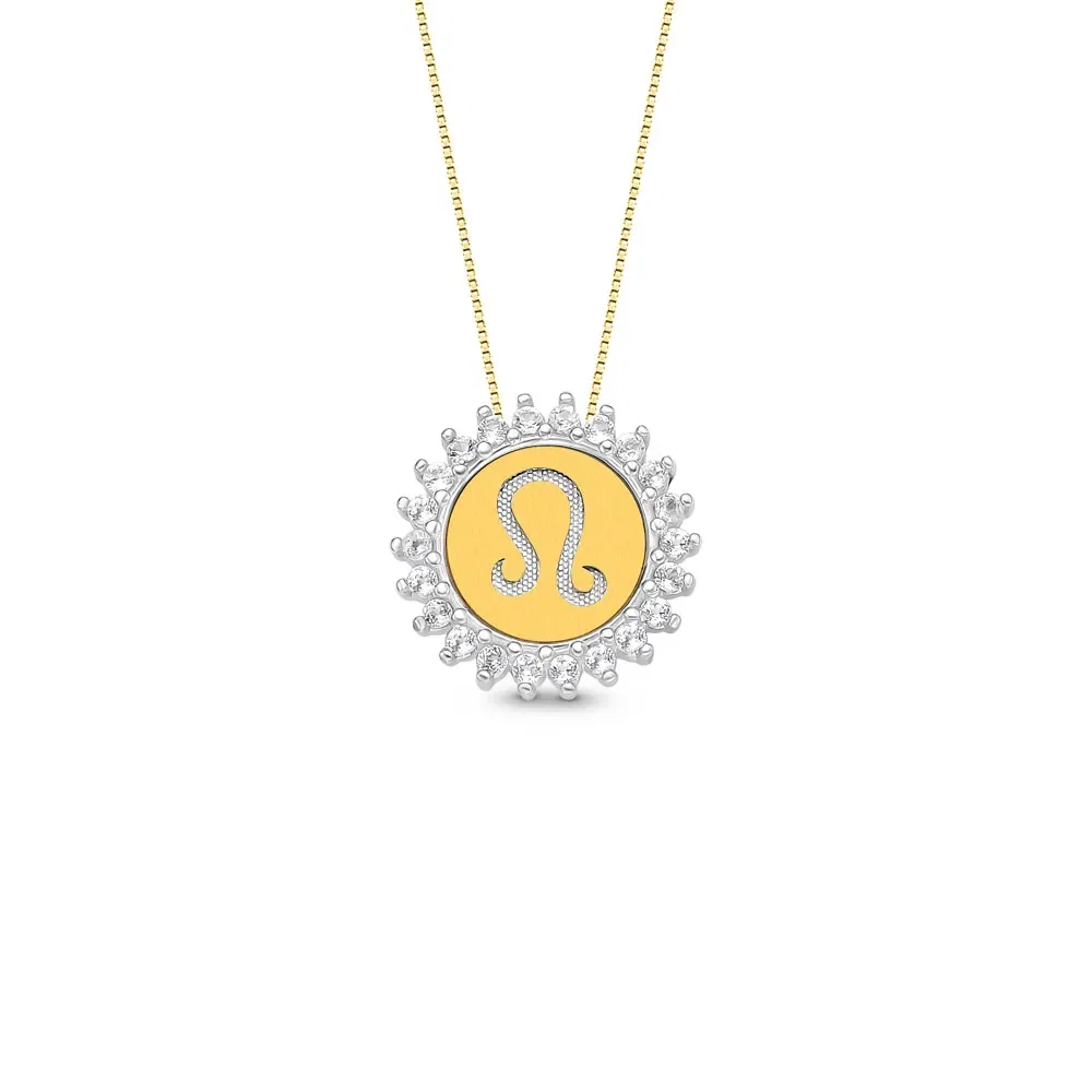 Pingente Medalha Signo Leão em Prata 925 e Ouro Amarelo 18k com Topázios Incolores, 15.4mm — imagem 1
