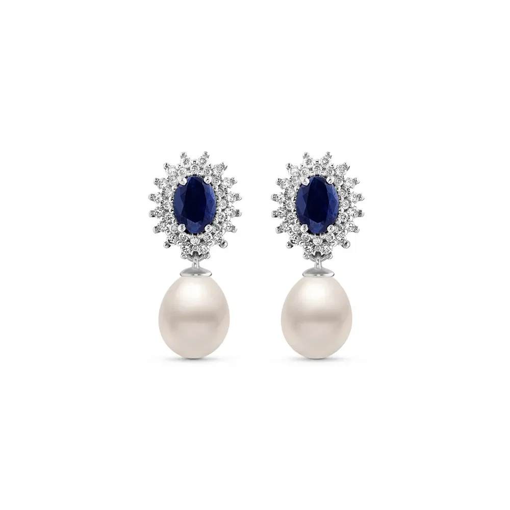 Brinco Classic em Ouro Branco 18k com Pérola, Safira Azul e Diamantes — imagem 1