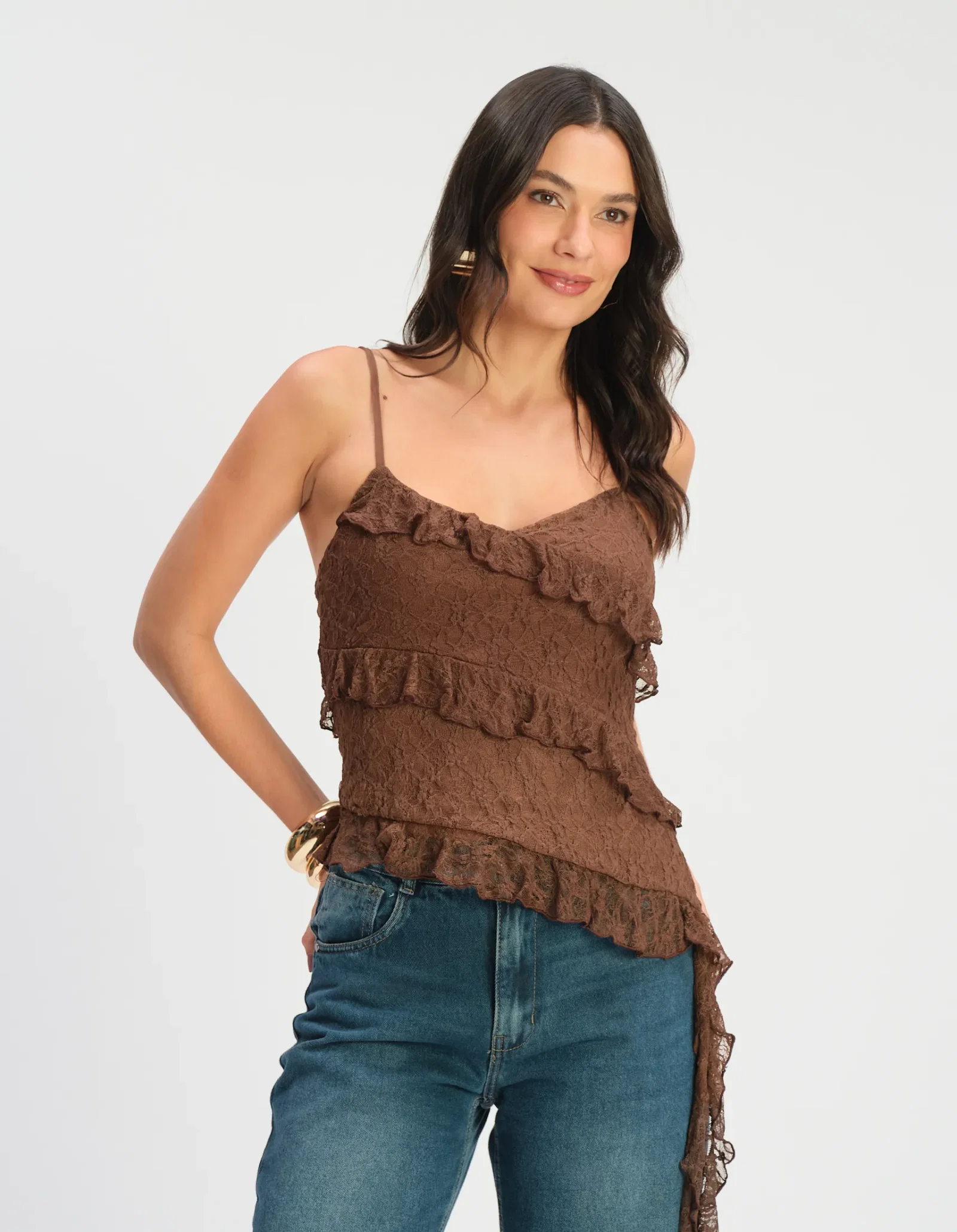 Blusa Renda Assimétrica - Cafe