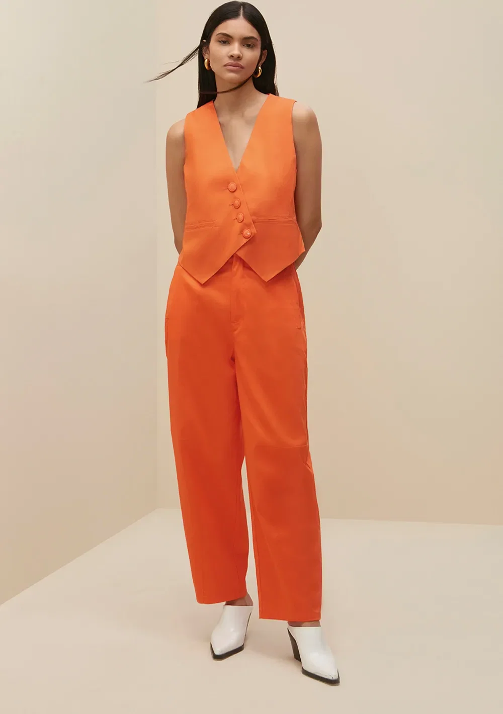 Calça Morena Rosa New Shape Cós Alto Com Pregas Laranja