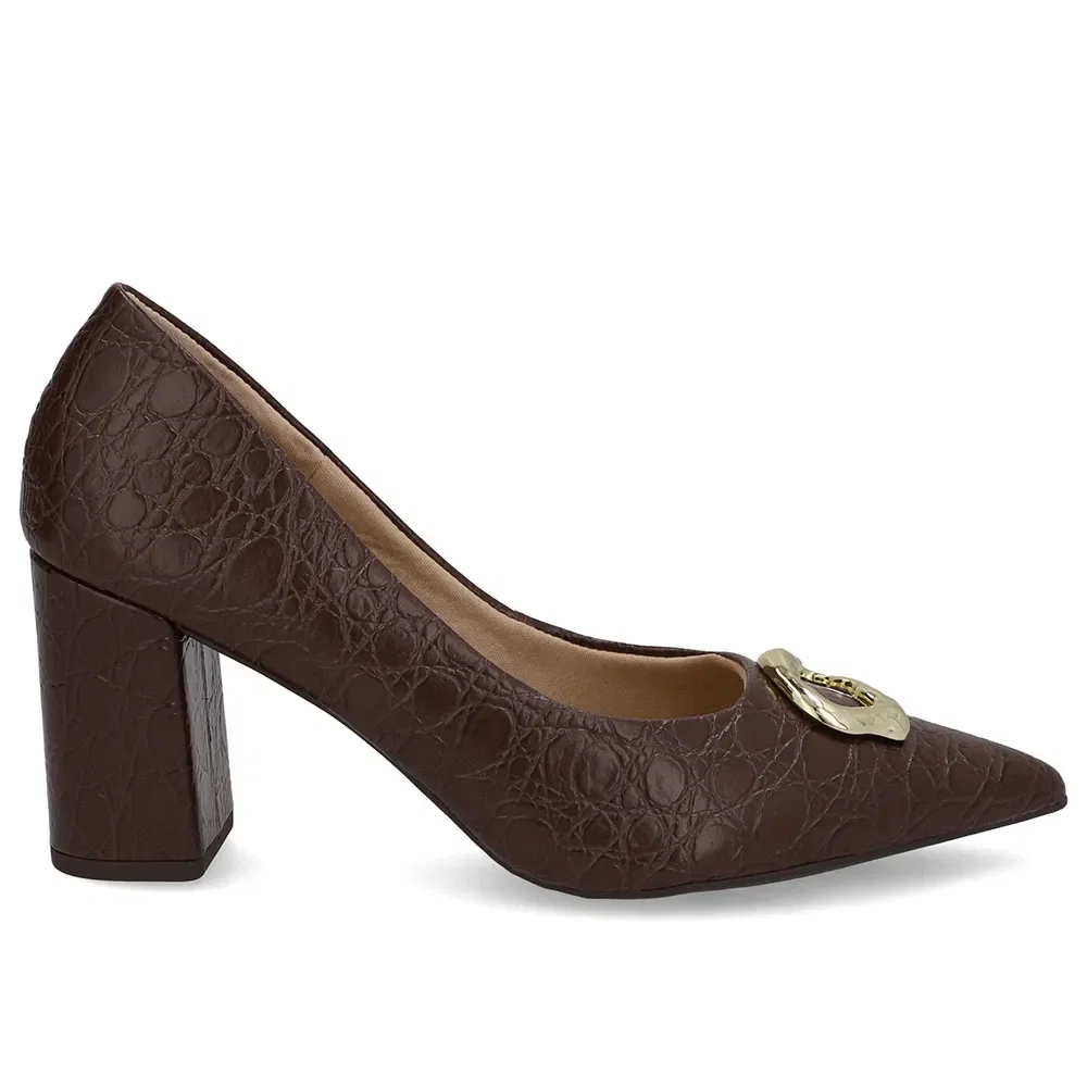 Scarpin Marrom Pinhão Couro Croco Bico Fino — imagem 1