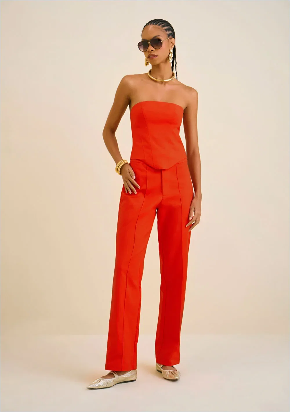 Calça Morena Rosa Reta Cós Alto Detalhe Cós Vermelho — imagem 1