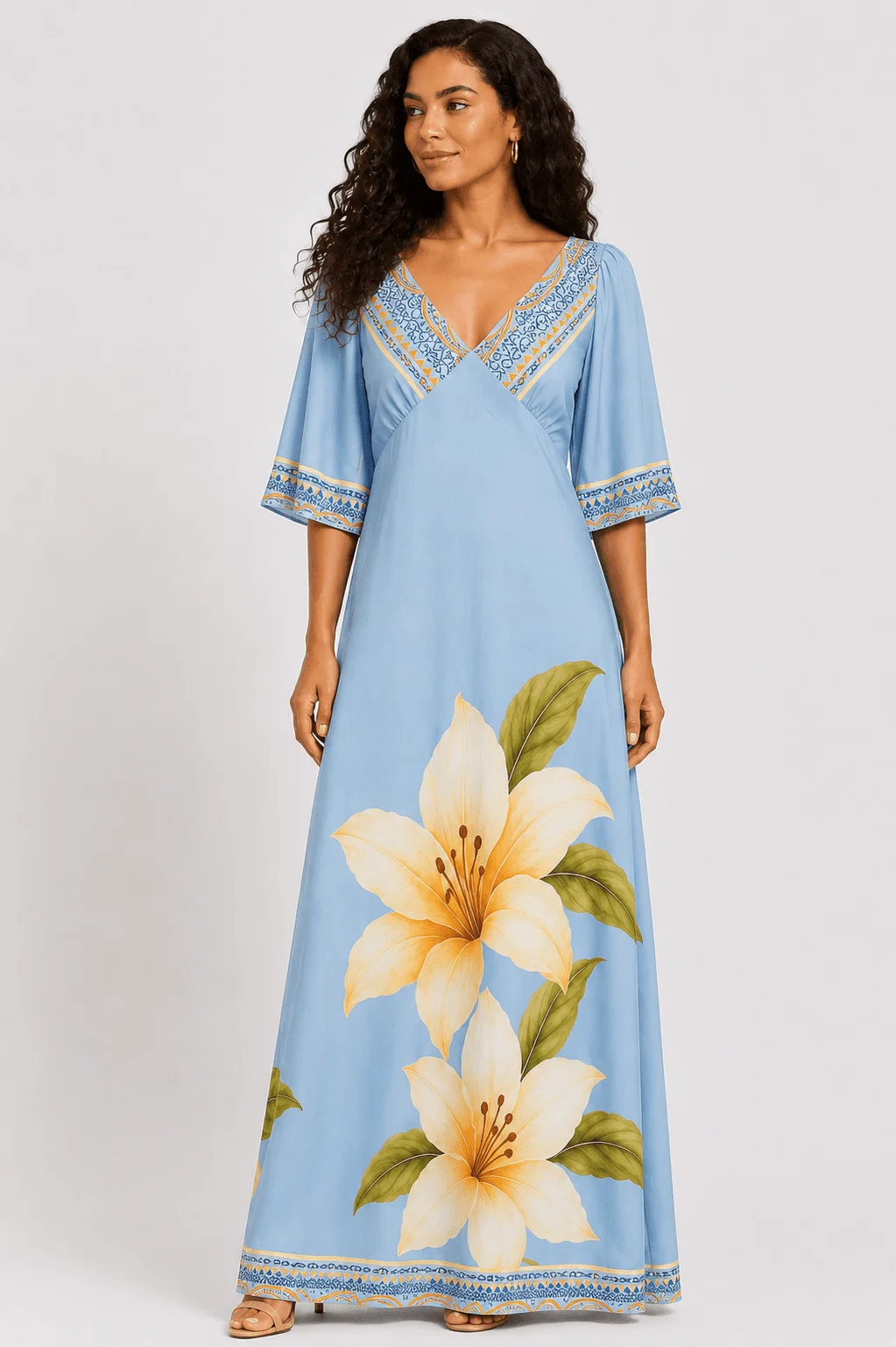 Vestido Longo Estampado Lírio Solar - Azul — imagem 1
