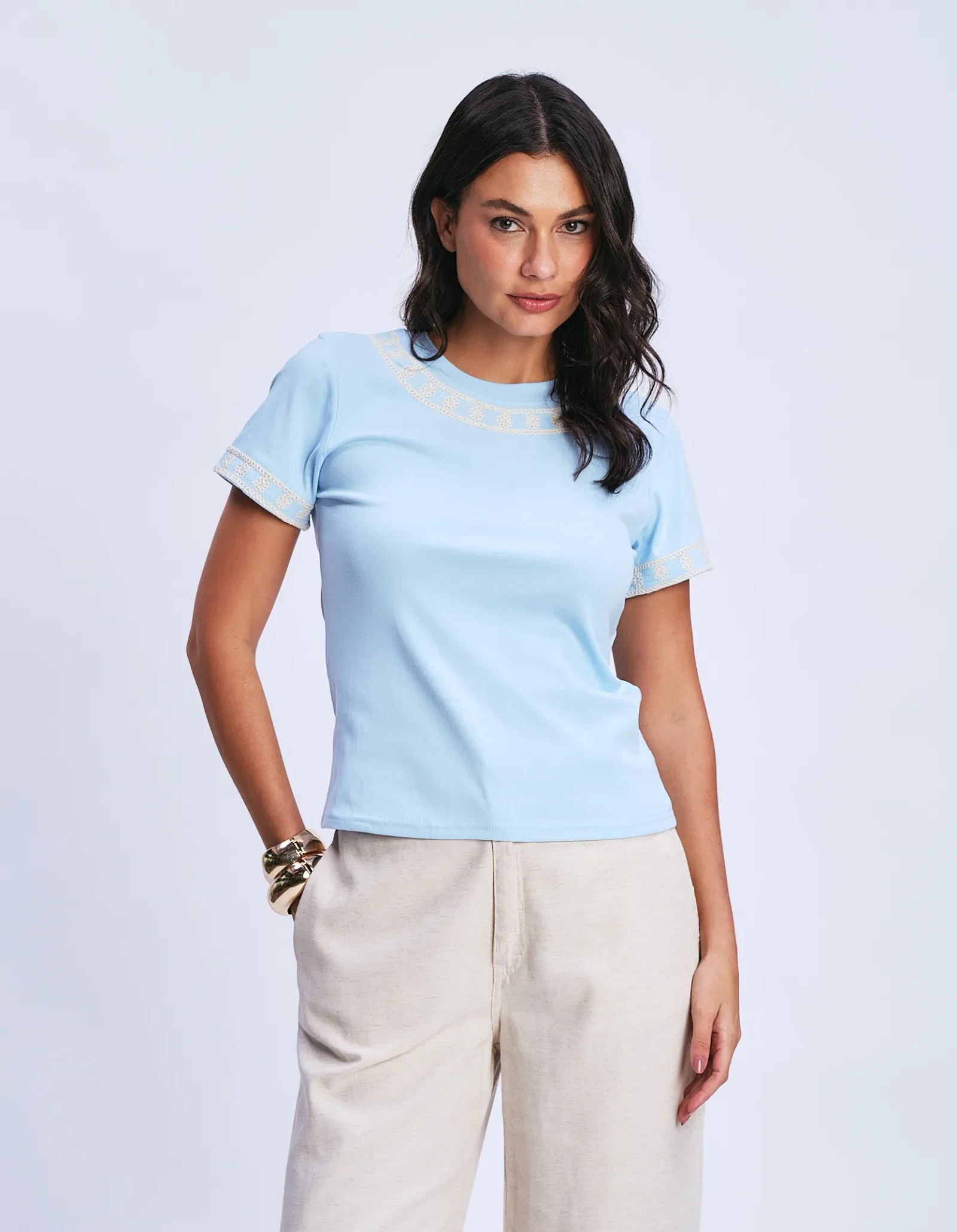 Blusa Boradao Flor Decote - Azul