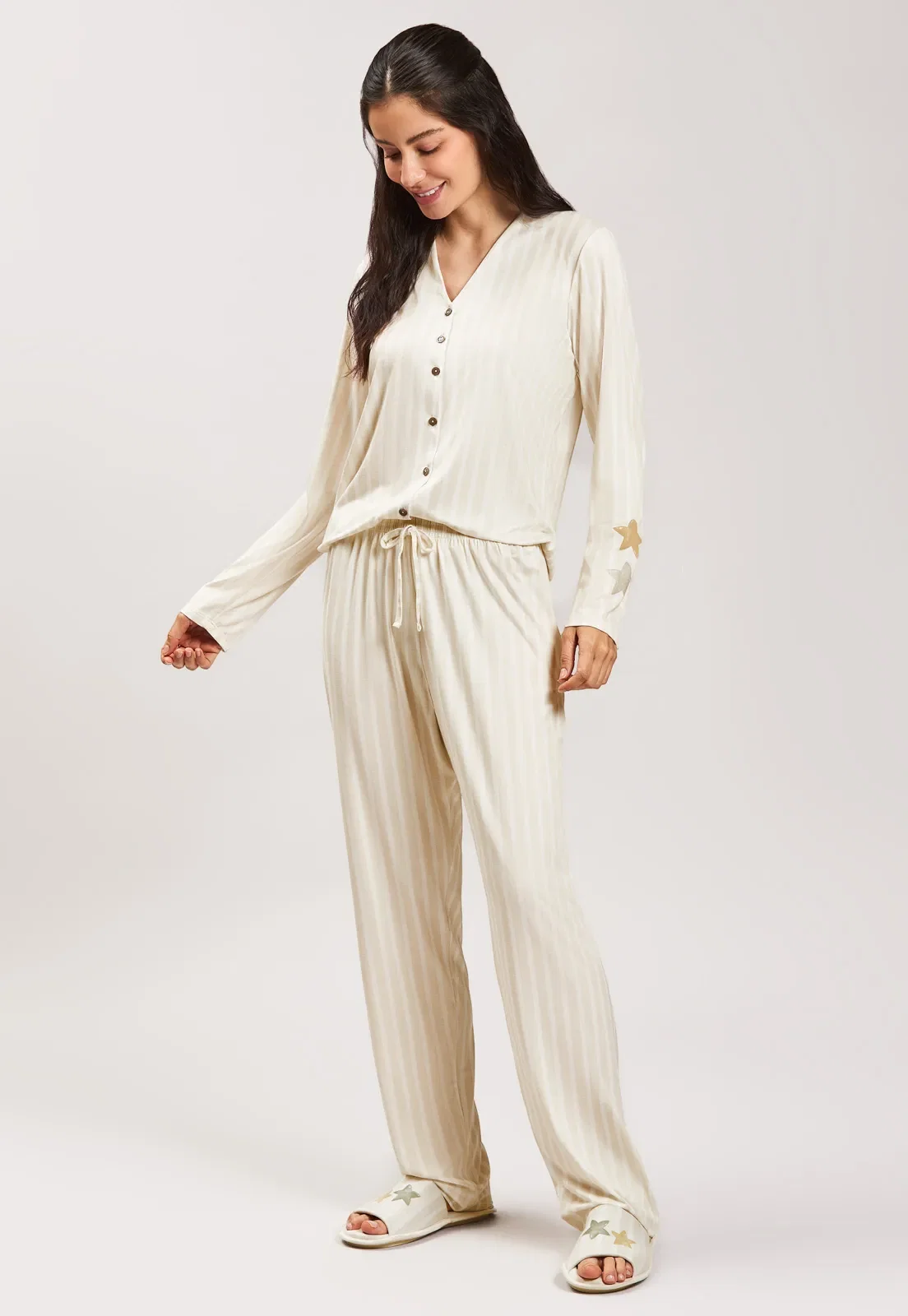Pijama Longo Com Calça Aberto Algodão Baunilha
