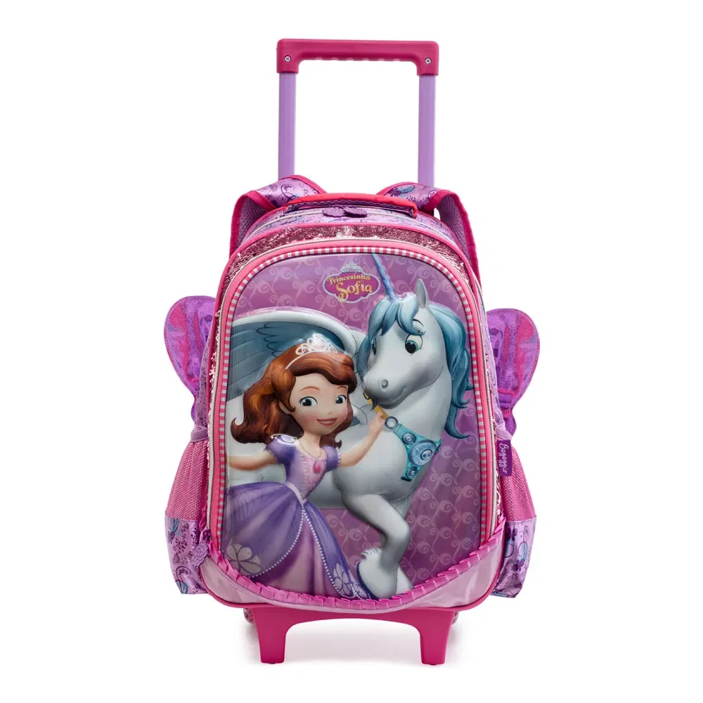 Mochila Escolar Feminina Disney Princesa Sofia com Rodinha Lilás