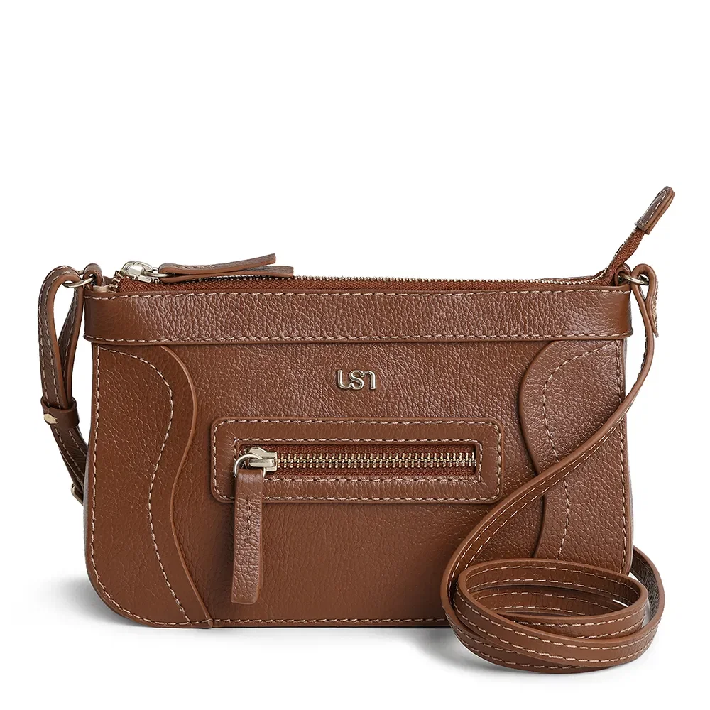 Bolsa Tiracolo Em Couro Marrom Com Bolso Frontal — imagem 1