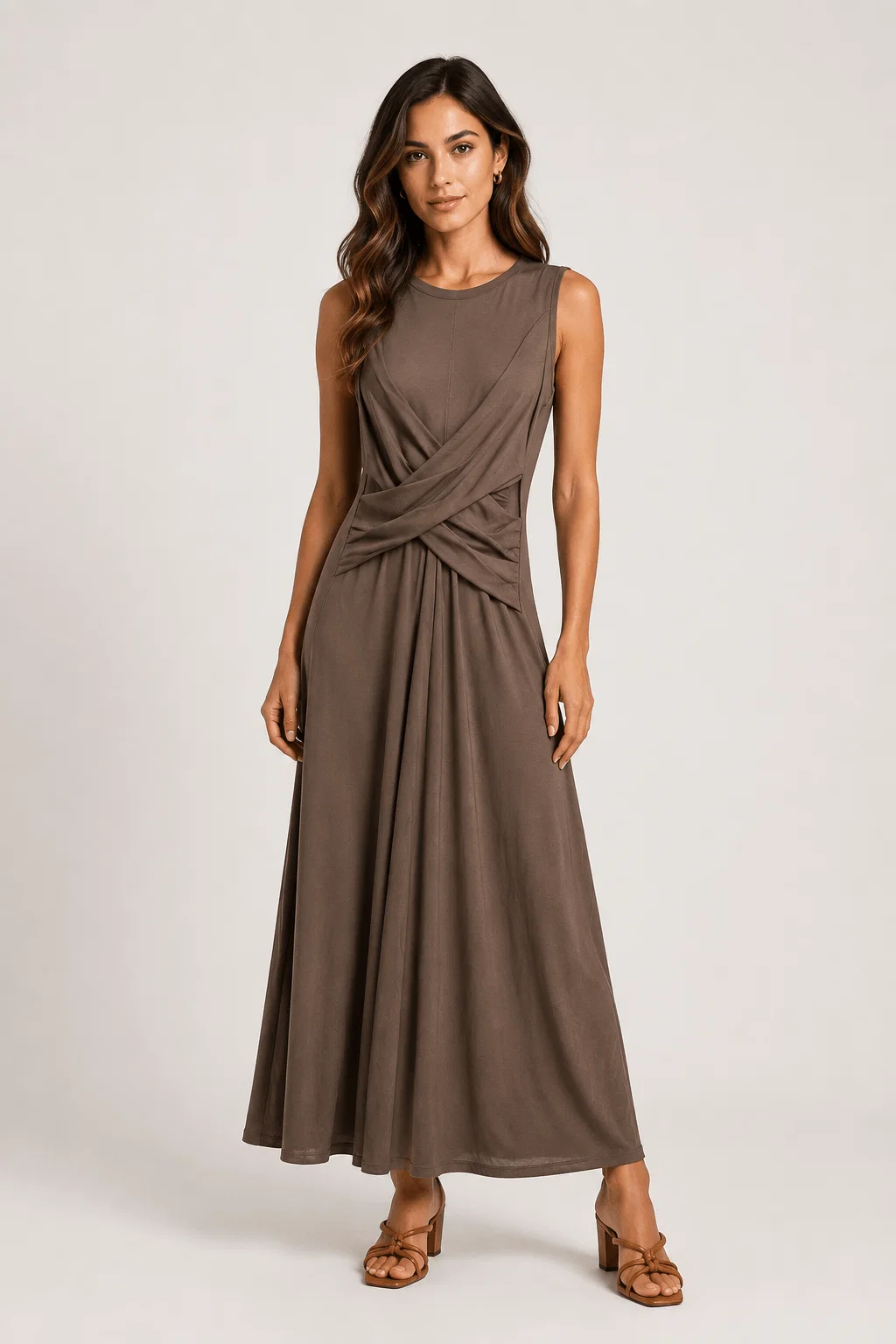Vestido Midi Detalhe Cruzado - Caqui