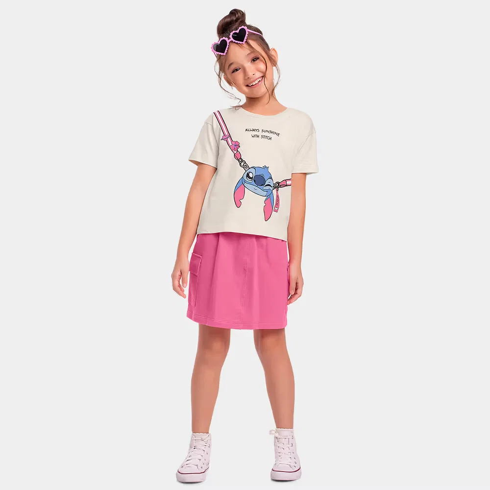 Conjunto infantil blusa e short saia Stitch com brilho — imagem 1