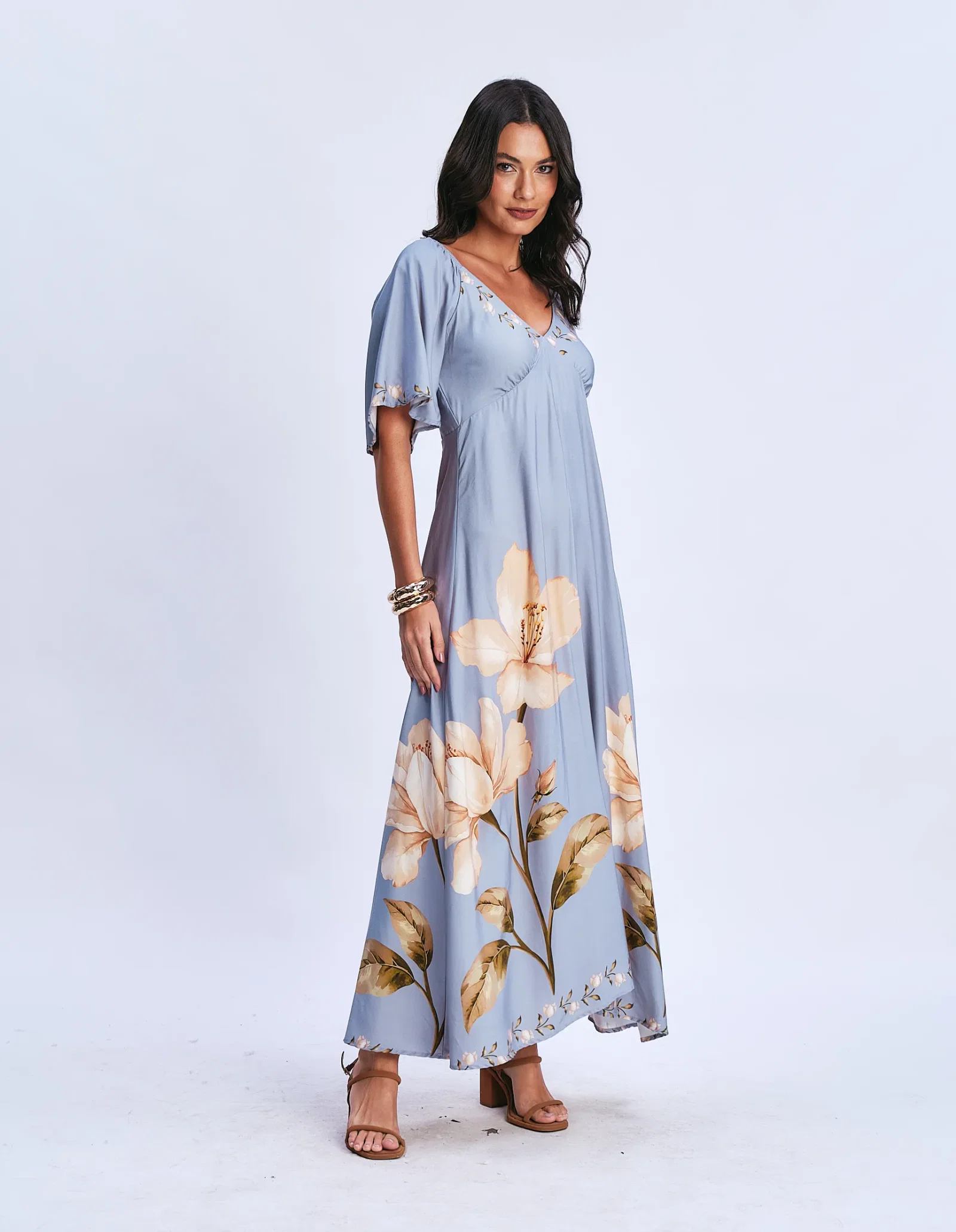 Vestido Longo Estampado Floral Hibisco - Azul Claro — imagem 1